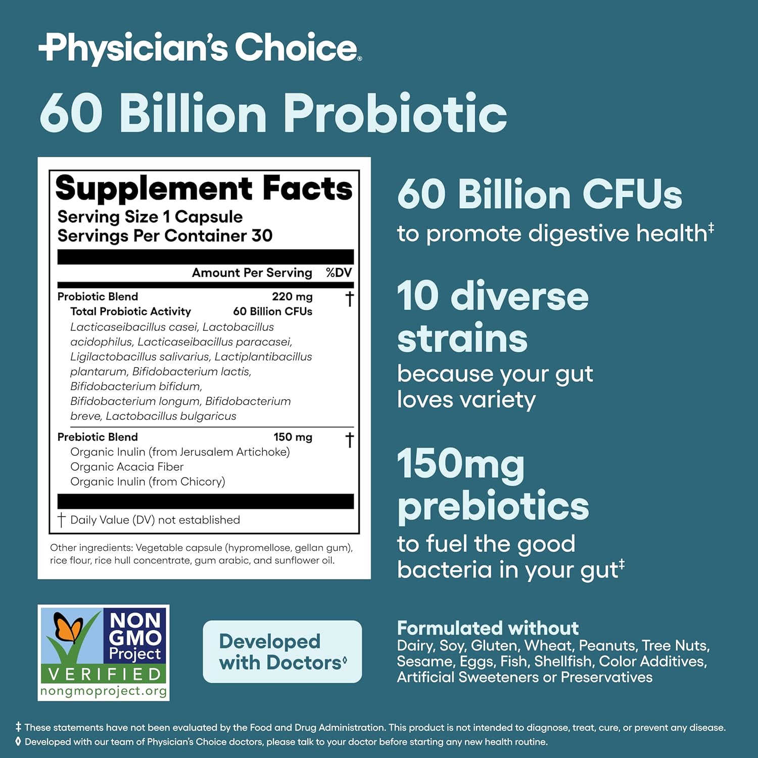 Physician's Choice Probiotics 60 Billion CFU - 10 Strains + Organic Prebiotics - Immune